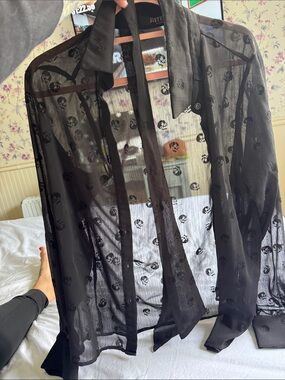 Disturbia Black Sheer Skull-Print Button-Up Shirt